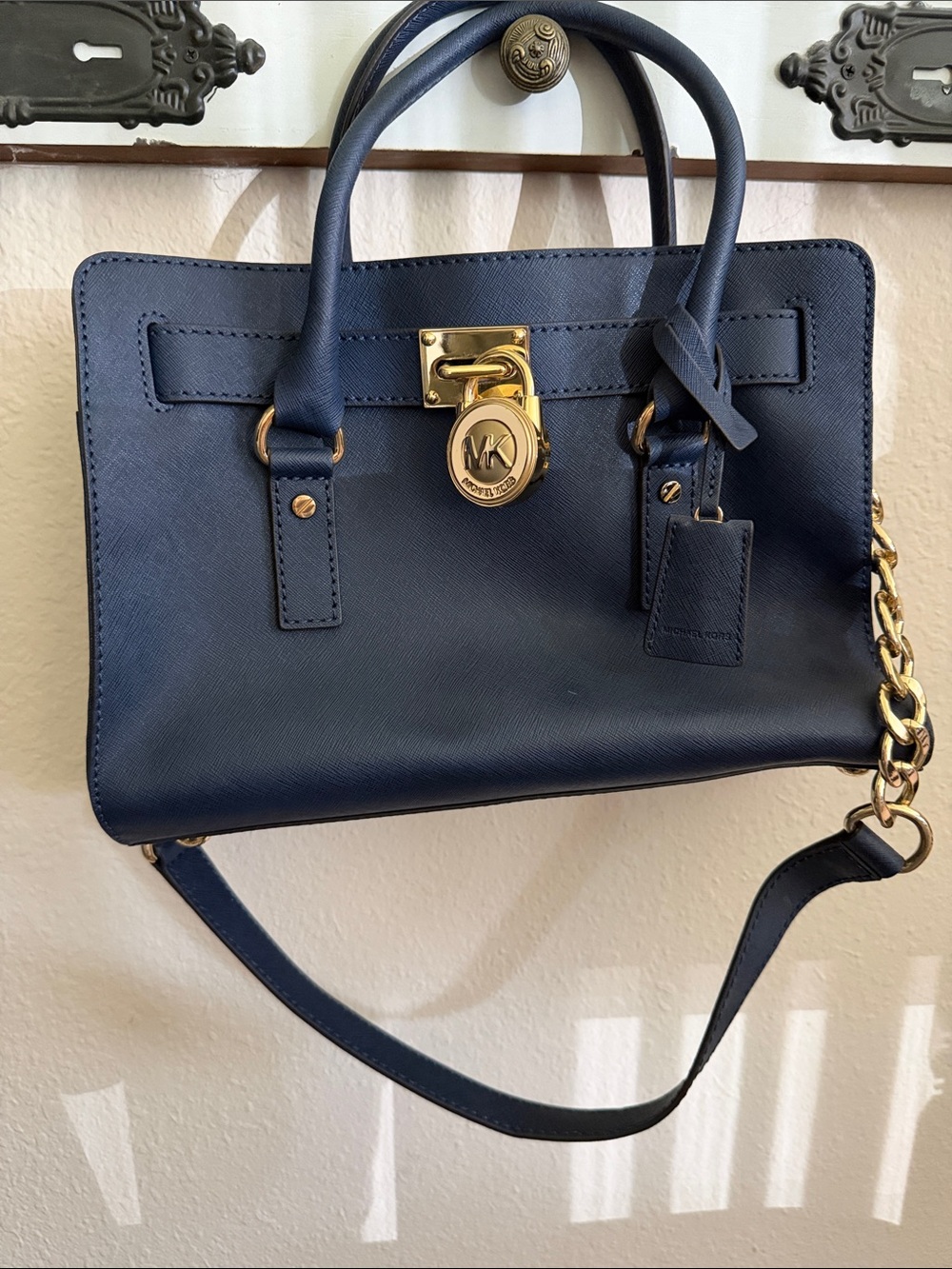 Michael Kors Dark Blue Saffiano Satchel with Gold Hardware